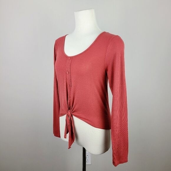 Caution To The Wind Rust Orange Long Sleeve Front Tie Top Medium - Picture 5 of 16